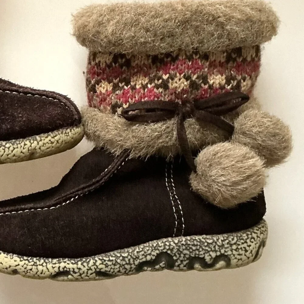 Cherokee Toddler Girls Winter Boots Size 6 Brown Suede Fair Isle Pom -Pom